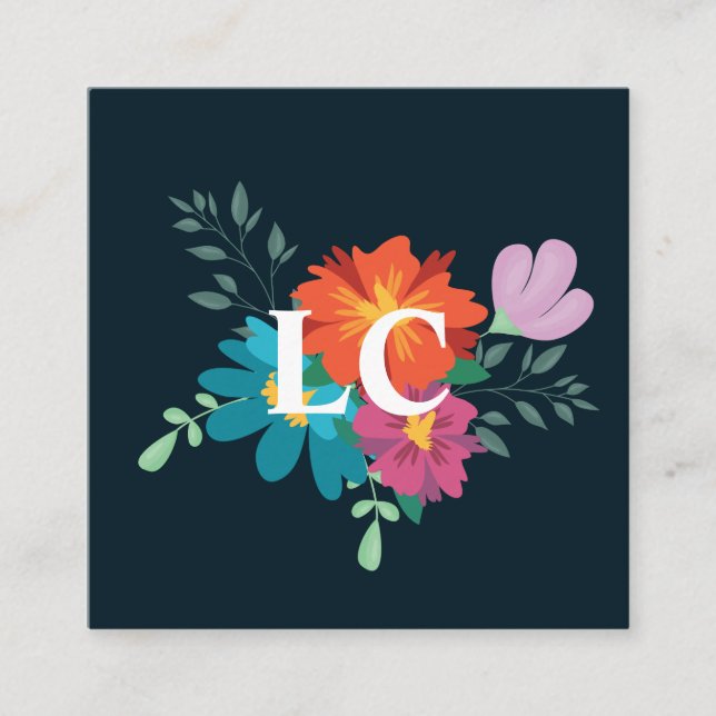 Boho Floral Bouquet Monogram Blue Square Business Card (Front)