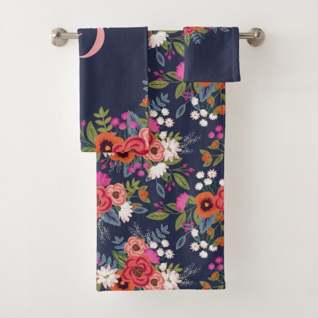 Boho Floral Bouquet - Navy Blue & Pink Monogram Bath Towel Set (Insitu)