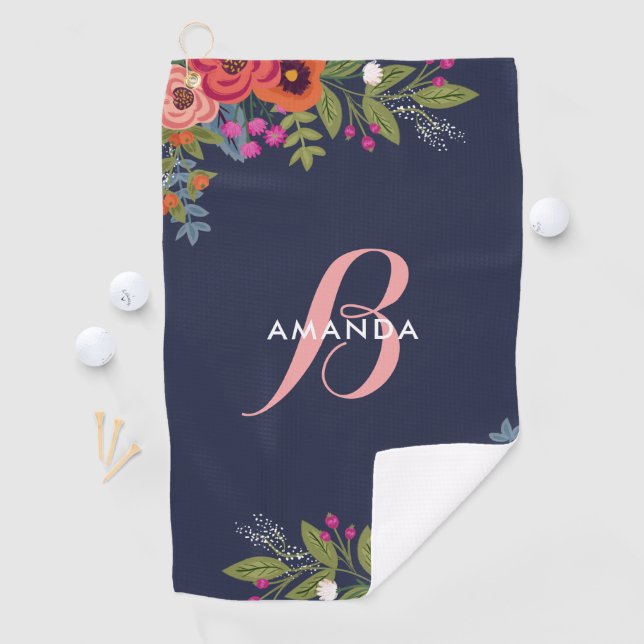 Boho Floral Bouquets - Navy Blue & Pink Monogram Golf Towel (InSitu)