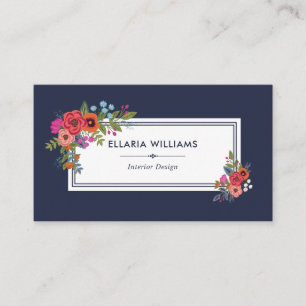 Boho Floral Bouquets - Navy Blue & White Business Card