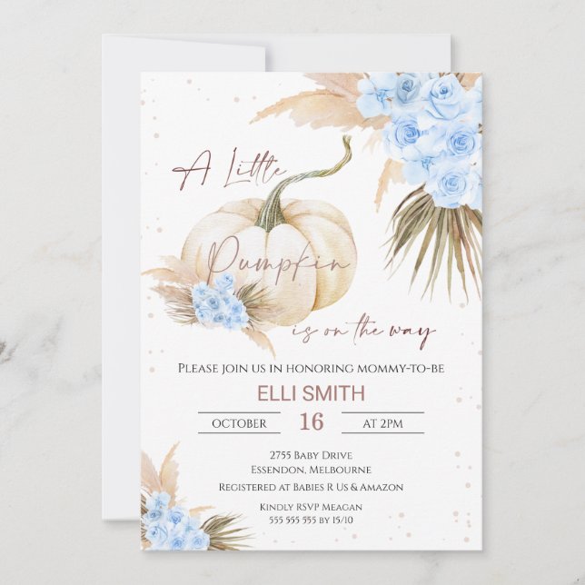 Boho Floral Boys Little Pumpkin Baby Shower  Invitation (Front)