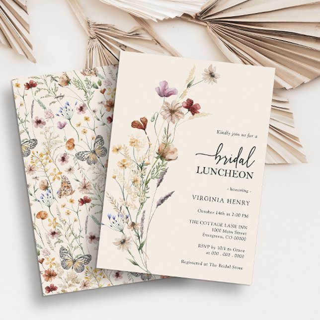 Boho Floral Bridal Luncheon Invitation (Rustic Boho Wildflower Bridal Luncheon Invitations with Butterfly by Painted Paperie)