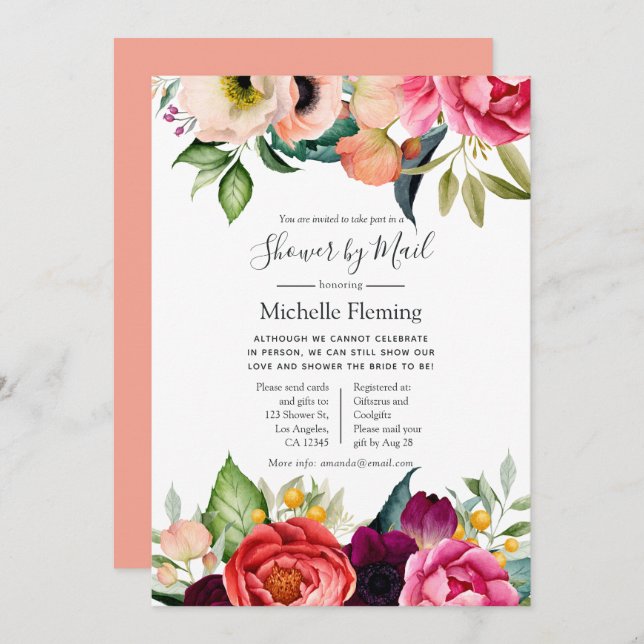 Boho Floral Bridal or Baby Shower by Mail Invitation (Front/Back)