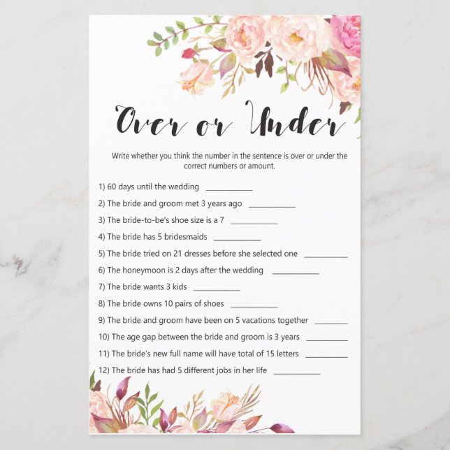 Boho Floral Bridal Shower Game - Over or Under (Front)