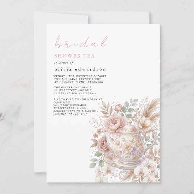 Boho Floral Bridal Shower Invitation with Teapot – (Front)