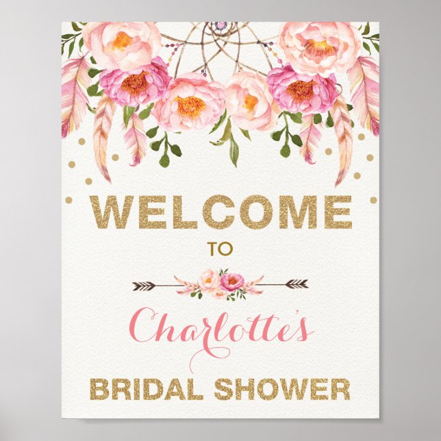 Boho Floral Bridal Shower Pink Gold Dreamcatcher Poster (Front)
