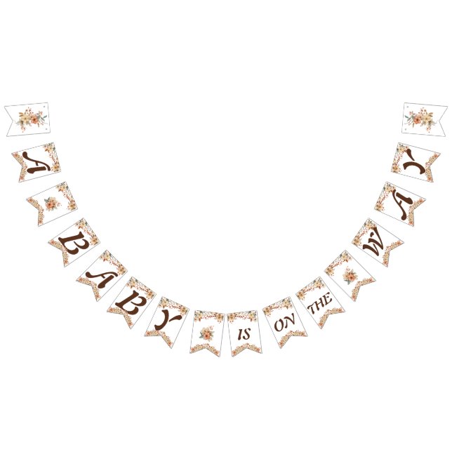 Boho Floral Brown Letters on White Baby Shower Bunting (All)