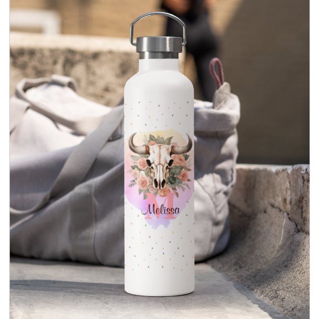 Boho Floral Bull Cow Skull Monogram Pretty Western Water Bottle (Boho Floral Bull Cow Skull Western Water Bottle)