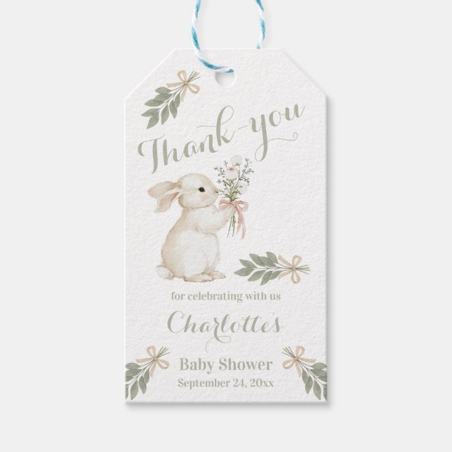 Boho Floral Bunny Sage Green Gift Tag (Front)