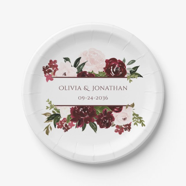 Boho Floral Burgundy and Blush Elegant Wedding Paper Plate (Front)