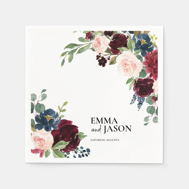 Boho Floral Burgundy Blush Wedding Napkins (Front)