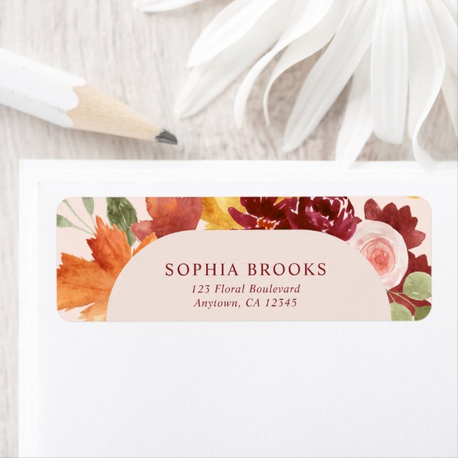Boho Floral Burgundy Fall Wedding Return Address (Insitu)