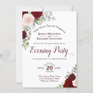 Boho Floral Burgundy Red & Pink Evening Party Invitation