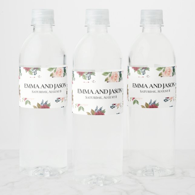 Boho Floral Burgundy Water Bottle Label (Bottles)