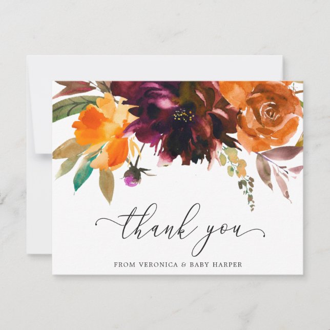 Boho Floral Burnt Orange Burgundy Baby Shower Thank You Card (Front)