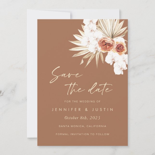 Boho Floral Burnt Orange Save the Date Card (Front)