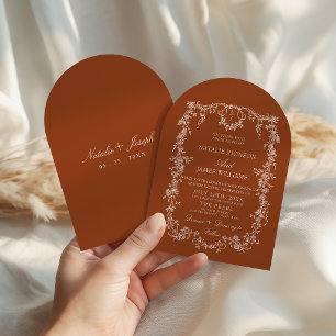 Boho Floral Burnt Orange Terracotta Arched Wedding Invitation