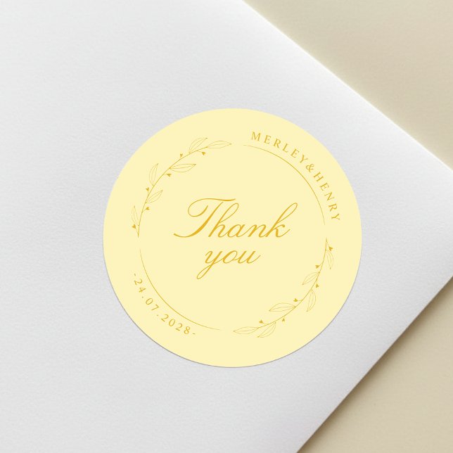 Boho Floral Butter Yellow Wedding Thank You Classic Round Sticker (Creator Uploaded)