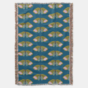 Boho Floral Butterfly Illustration Patter Blue Throw Blanket