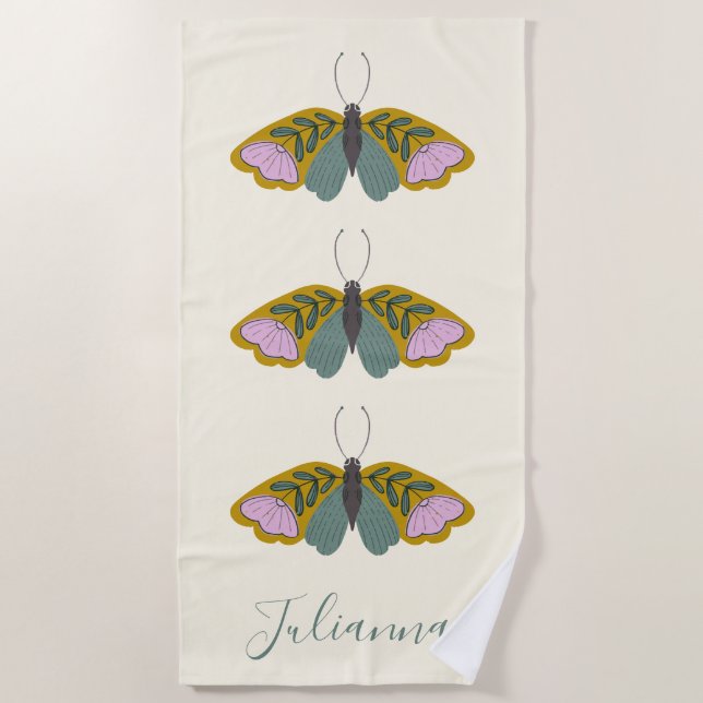 Boho Floral Butterfly Illustration Personalised  Beach Towel (Front)