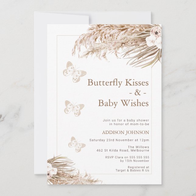 Boho Floral Butterfly Kisses Baby Shower Invitation (Front)