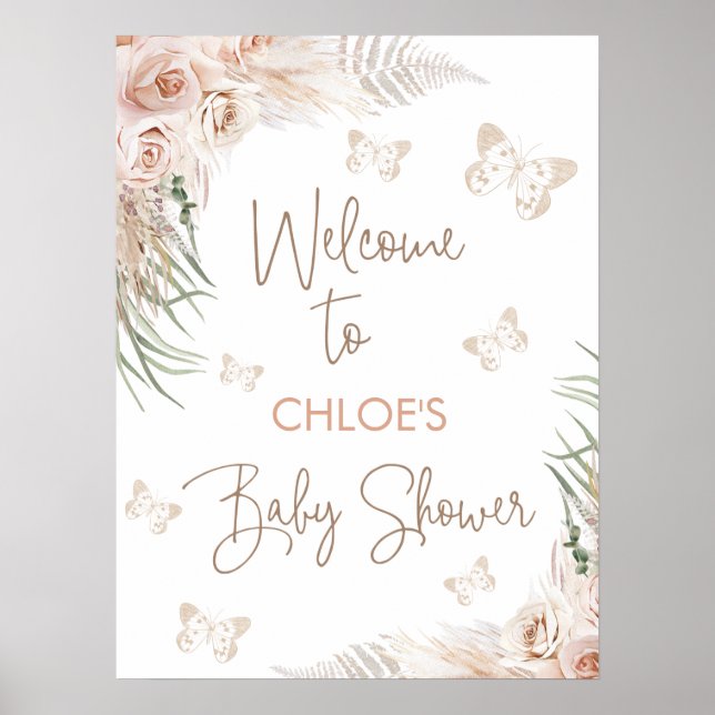 Boho Floral Butterfly Kisses Baby Shower Welcome Poster (Front)