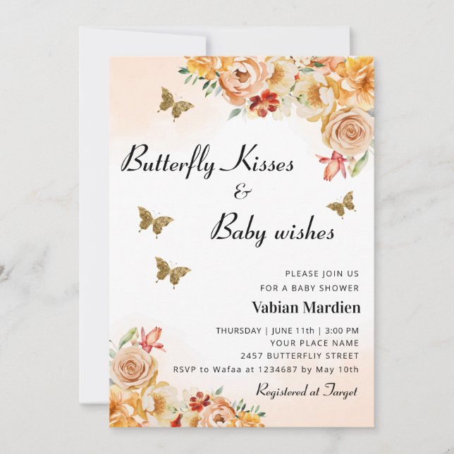  Boho Floral Butterfly Kisses girl Baby Shower Invitation (Front)