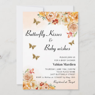Boho Floral Butterfly Kisses girl Baby Shower Invitation