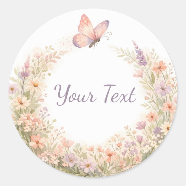 Boho Floral Butterfly Wreath Classic Round Sticker (Front)