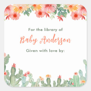 Boho Floral Cactus Baby Library Bookplate Square Sticker