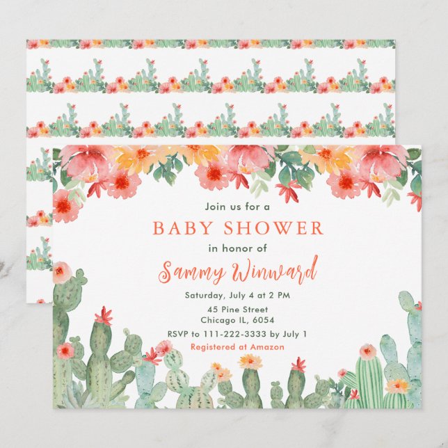 Boho Floral Cactus Baby Shower Invitation (Front/Back)