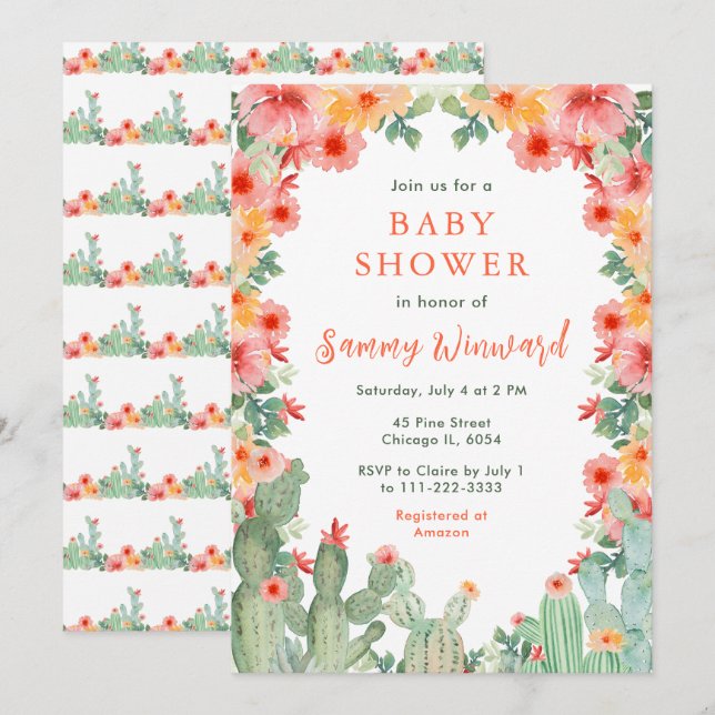 Boho Floral Cactus Baby Shower Invitation (Front/Back)