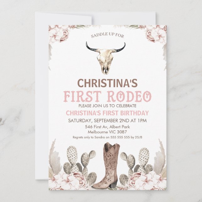 Boho Floral Cactus First Rodeo 1st Birthday Invitation (Front)