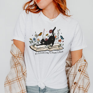 Boho Floral Cat Good Day To Read a Book Book Lover T-Shirt