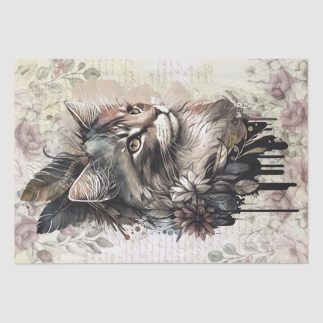 Boho Floral Cat Watercolor Tissue Paper (Front)