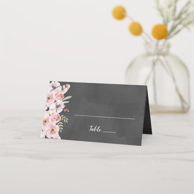 Boho Floral Chalkboard Place Card (Front)