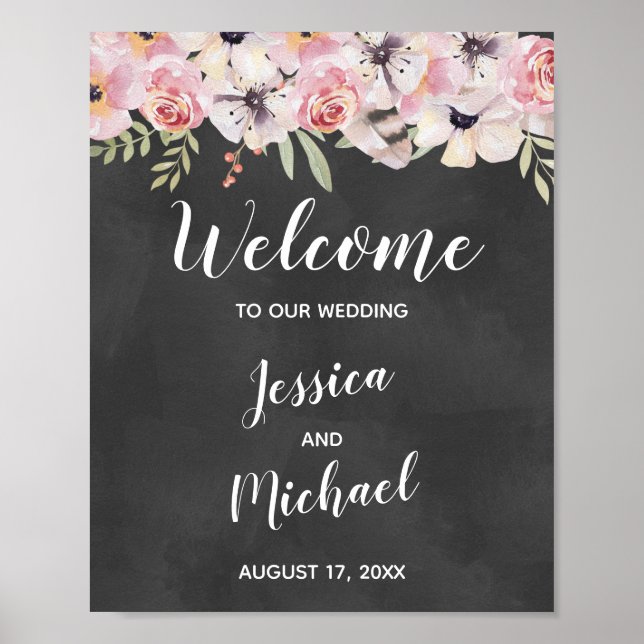 Boho Floral Chalkboard Wedding Welcome Sign (Front)