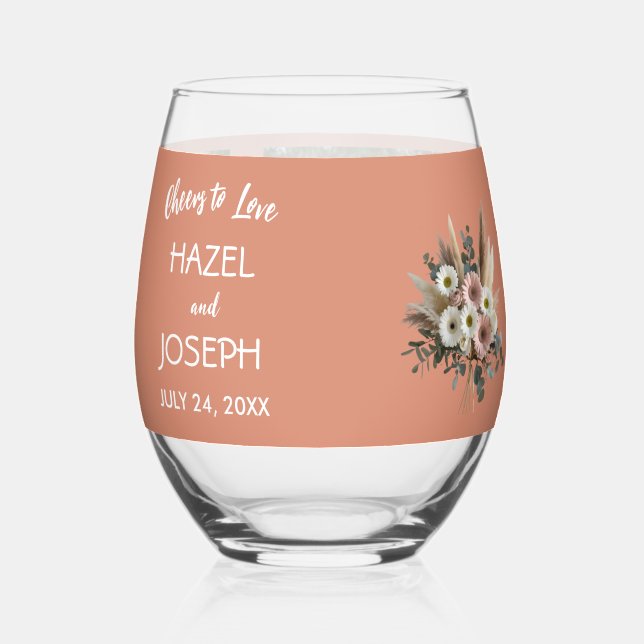 Boho Floral Cheers to Love Personalised Wedding  Stemless Wine Glass (Front)