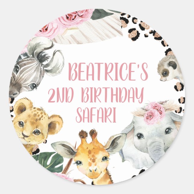 Boho Floral Cheetah Print Safari Birthday Party Classic Round Sticker (Front)