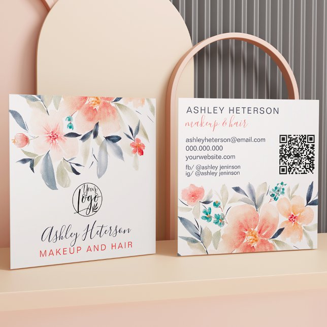 Boho floral chic qr code logo hair makeup square business card (Creator Uploaded)