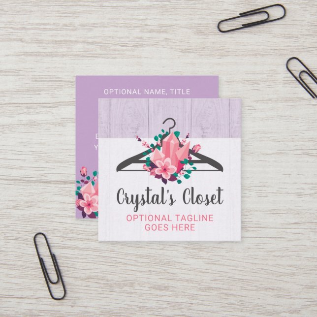 Boho Floral Clothes Hanger Closet Fashion Boutique Square Business Card (Front/Back In Situ)