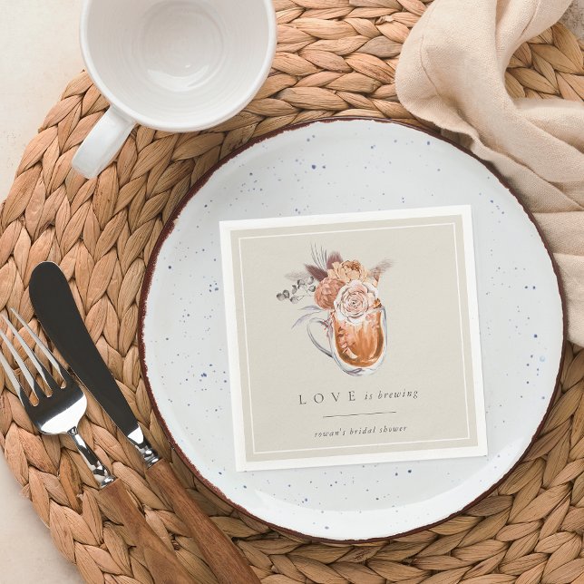 Boho Floral Coffee "Love is Brewing" Bridal Shower Napkin (Creator Uploaded)