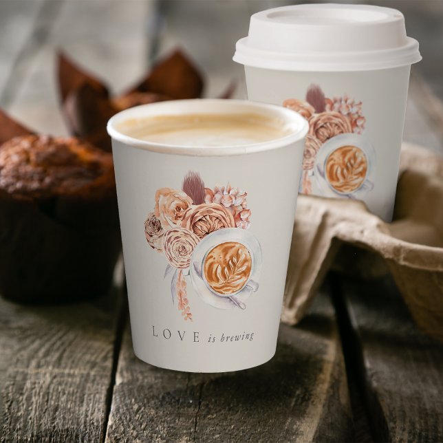 Boho Floral Coffee "Love is Brewing" Bridal Shower Paper Cups (Creator Uploaded)