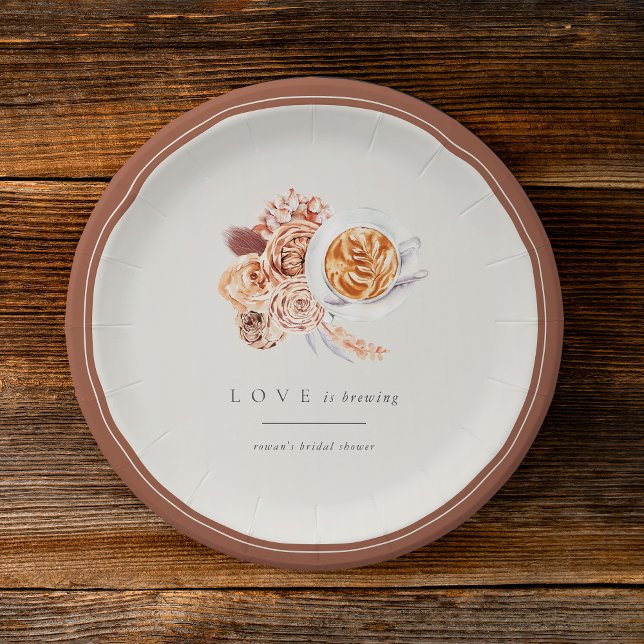 Boho Floral Coffee "Love is Brewing" Bridal Shower Paper Plate (Creator Uploaded)
