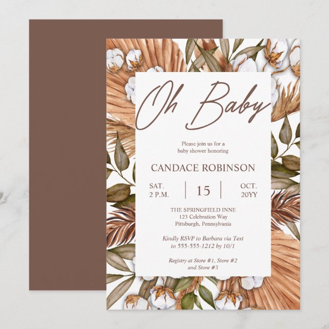 Boho Floral Cotton | Dried Grasses Baby Shower Invitation (Front/Back)