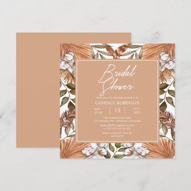 Boho Floral Cotton | Dried Grasses Bridal Shower   Invitation (Front/Back)