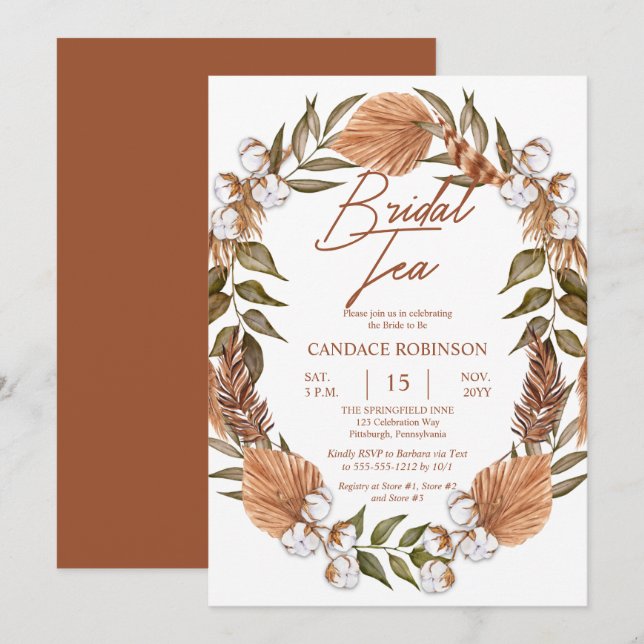 Boho Floral Cotton Dried Grasses Bridal Tea Shower Invitation (Front/Back)