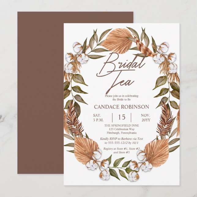 Boho Floral Cotton Dried Grasses Bridal Tea Shower Invitation (Front/Back)