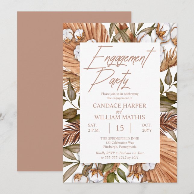 Boho Floral Cotton |Dried Grasses Engagement Party Invitation (Front/Back)
