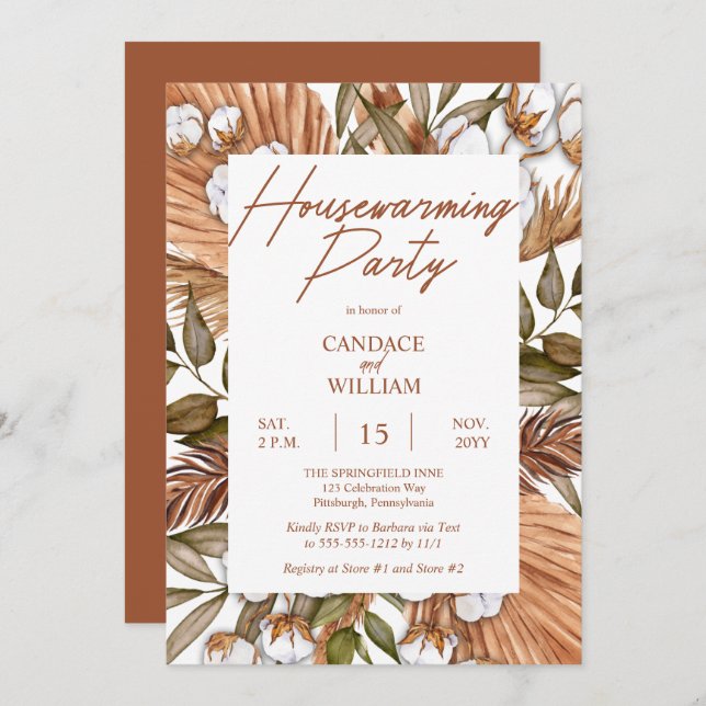 Boho Floral Cotton | Grasses Housewarming Party In Invitation (Front/Back)